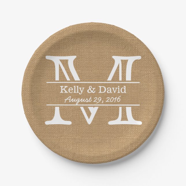 Monogram Burlap Texture Rustic Wedding Pappteller (Vorderseite)