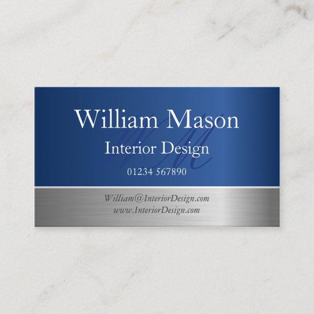 Monogram Business Card Blue Foil and Steel Effect Visitenkarte (Vorderseite)