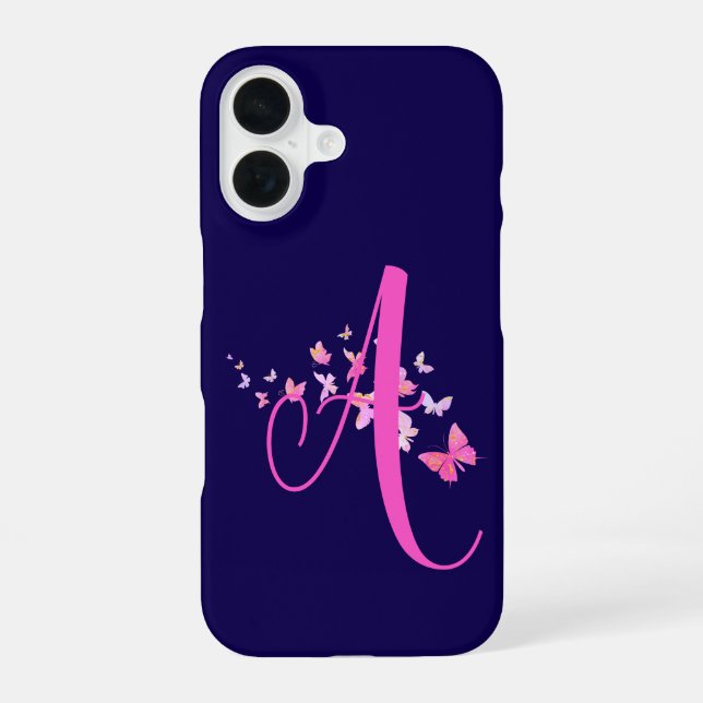 Monogram Butterfly Blue Pink iPhone 16 Hülle (Rückseite)