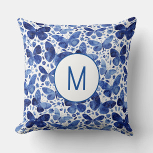 Monogram Butterfly Watercolor Blue Kissen
