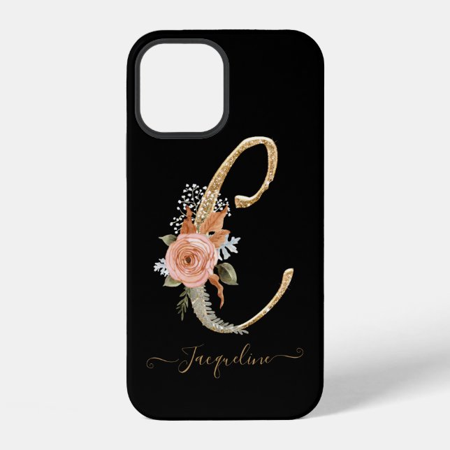 Monogram C Gold Script Black BOHO Pink Floral Leaa iPhone Hülle (Rückseite)