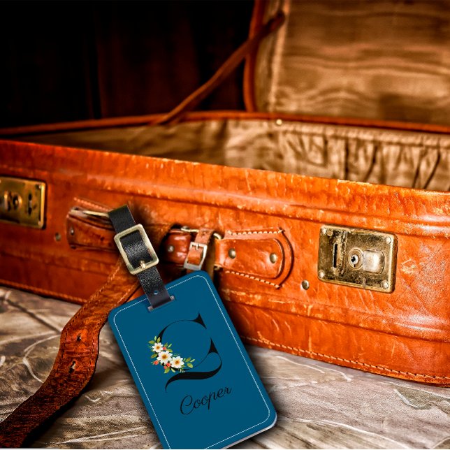 Monogram C-Kobalt-Aquarell-Blume Gepäckanhänger (Von Creator hochgeladen)