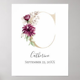 Monogram C Pink White Floral Gold Letter Kinderzim Poster