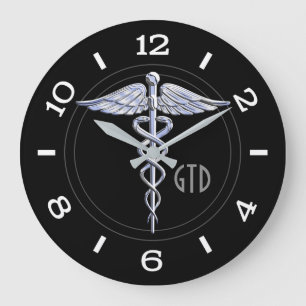 Monogram Caduceus Medical Symbol on Black Große Wanduhr