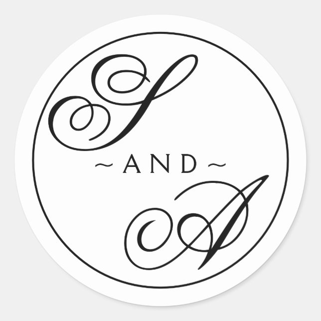 Monogram Calligraphy black and white Wedding Runder Aufkleber (Vorderseite)