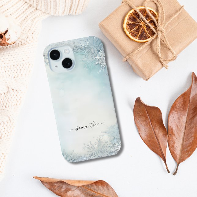 Monogram Calligraphy Blue White Snowflake Case-Mate iPhone Hülle (Monogrammed Blue white watercolor snowflake iPhone case)