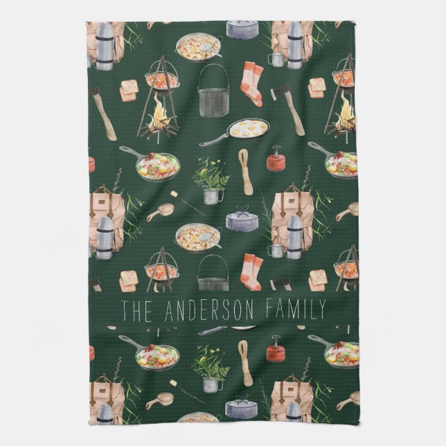 Monogram Camping | Aquarell-Illustrationen Geschirrtuch (Vertikal)