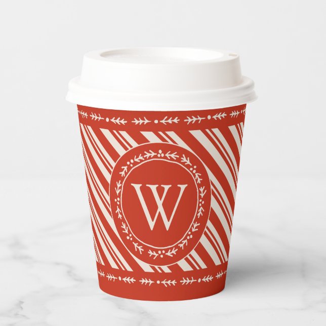 Monogram Candy Cane Stripe Pappbecher (Vorderseite)