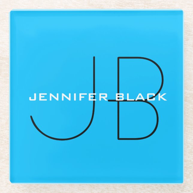Monogram Capri Blue Minimalistisch Modern Name Glasuntersetzer (Vorderseite)