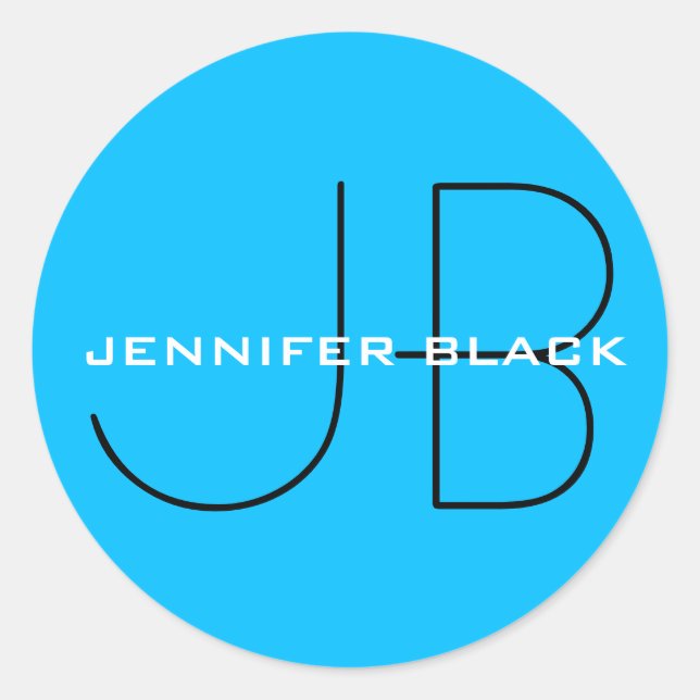 Monogram Capri Blue Minimalistisch Modern Name Runder Aufkleber (Vorderseite)