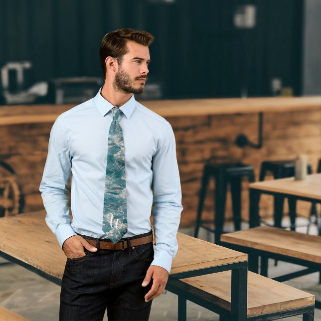 Monogram Caribbean Seascape Blue White Wave Wappen Krawatte (Monogram Caribbean Seascape Blue White Wave Crests Neck Tie)