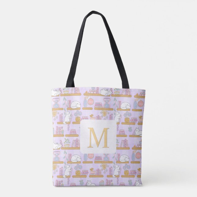 Monogram Cats Library Book Tote Bag Girly Purple (Rückseite)