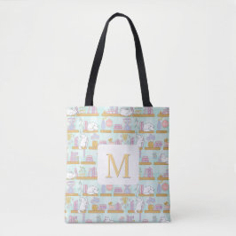 Monogram Cats Library Tote Bag Girly Mint Green