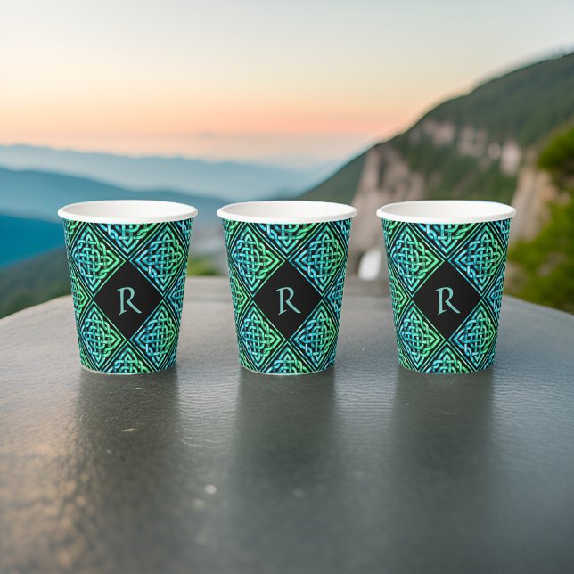 Monogram Celtic Blue Green Paper Cups Pappbecher (🍀 Personalized Celtic charm: Monogrammed paper cup #IrishElegance 🍀)