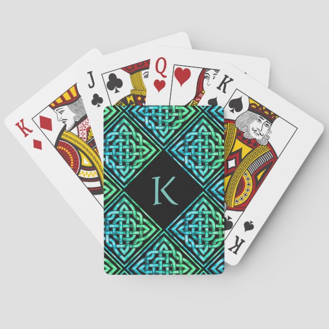 Monogram Celtic Knot Blue Green Playing Cards Spielkarten (Rückseite)