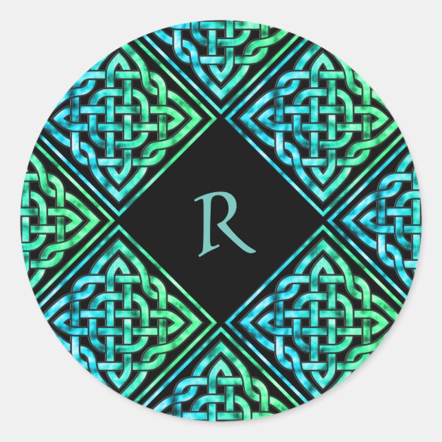 Monogram Celtic Knot Blue Green Runder Aufkleber (Vorderseite)