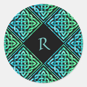 Monogram Celtic Knot Blue Green Runder Aufkleber