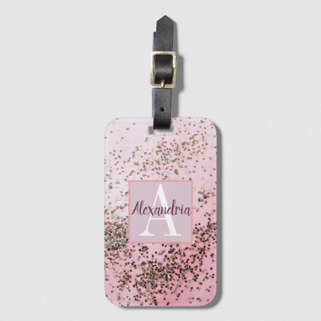 Monogram Champagne Pink Confetti   Gepäckanhänger (Vorderseite Vertikal)