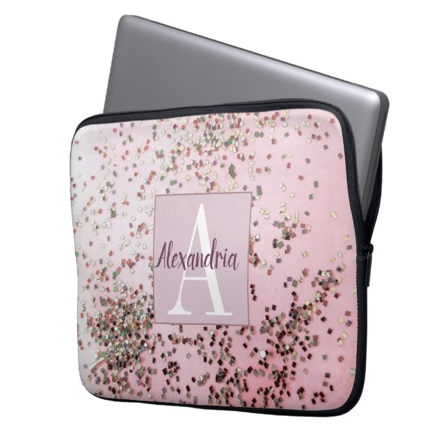 Monogram Champagne Pink Confetti Laptopschutzhülle (Vorderseite Links)