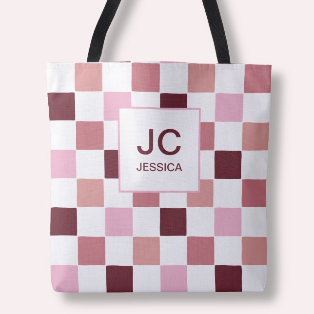 Monogram Checked Pink Red Modern Simple Initals (Monogram Checkered Pink Red Modern Simple Initals Tote Bag)