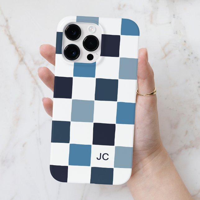 Monogram Checkered Blue Modernes Minimalistisches  Case-Mate iPhone Hülle (Monogram Checkered Blue Modern Minimalist Pattern Case-Mate iPhone Case)