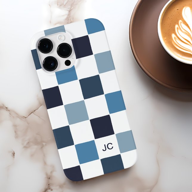 Monogram Checkered Blue Modernes Minimalistisches  Case-Mate iPhone Hülle (Monogram Checkered Blue Modern Minimalist Pattern Case-Mate iPhone Case)