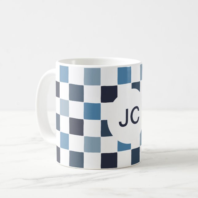 Monogram Checkered Blue White Modern Simple Kaffeetasse (Vorderseite Links)