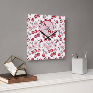 Monogram Cherry Blossom Golf-Themed Personalisiert Quadratische Wanduhr