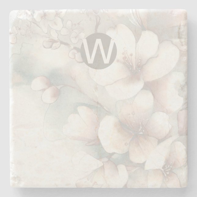Monogram Cherry Blossom Stone Untersetzer (Vorderseite)