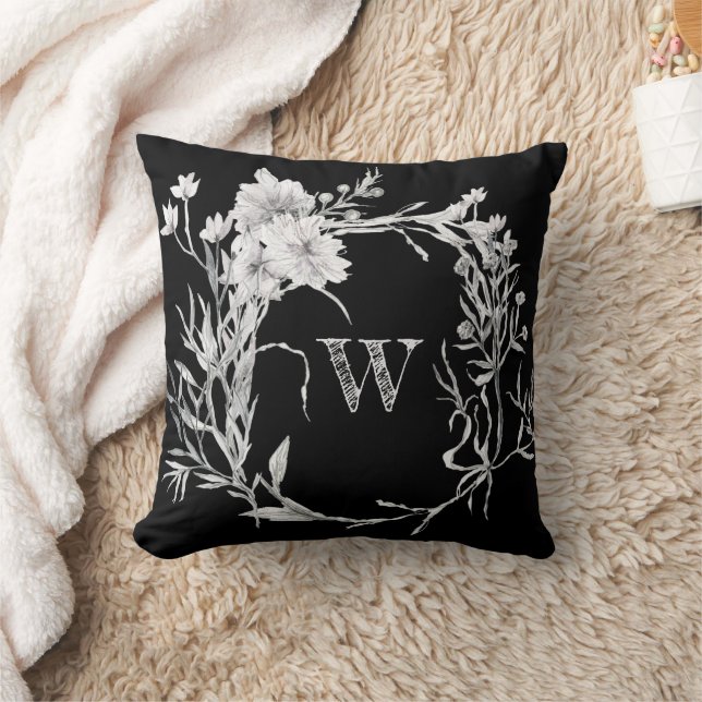 Monogram Chic Black Monochrome Floral Kissen (Decke)