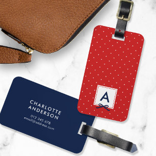 Monogram Chic Blue Ribbon Red Polka Dot Gepäckanhänger