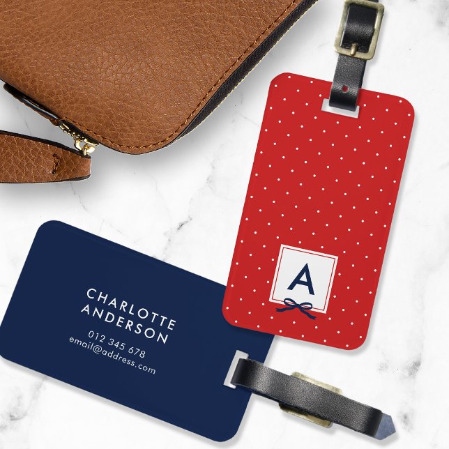 Monogram Chic Blue Ribbon Red Polka Dot Gepäckanhänger (Von Creator hochgeladen)