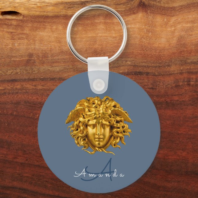 Monogram Chic Couture Gold Medusa Mask Slate Blue Schlüsselanhänger (Vorderseite)