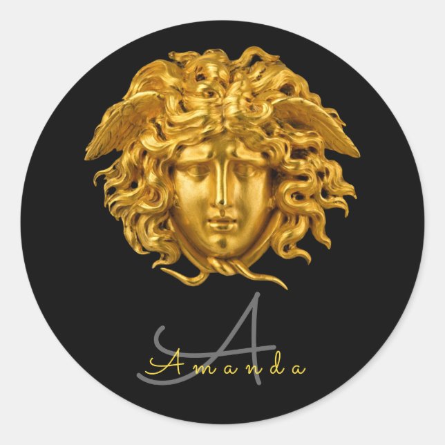 Monogram Chic French Gold Medusa Mask Runder Aufkleber (Vorderseite)