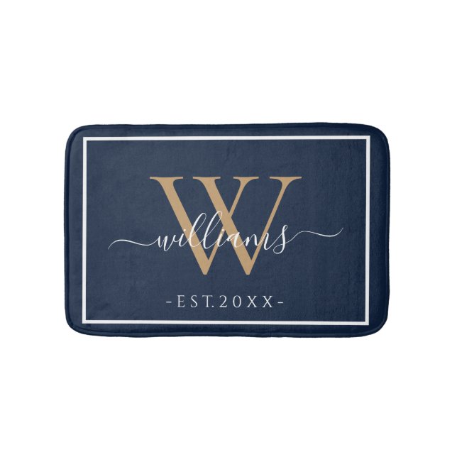 Monogram Chic Gold Script Names Wedding Date Navy Badematte (Vorderseite)