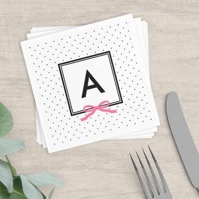 Monogram Chic Pink Ribbon Black & White Polka Dot Serviette (Von Creator hochgeladen)