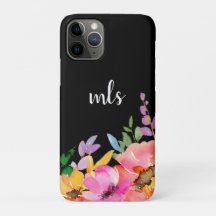 Monogram Chic Pink Watercolor Trendy Floral Black