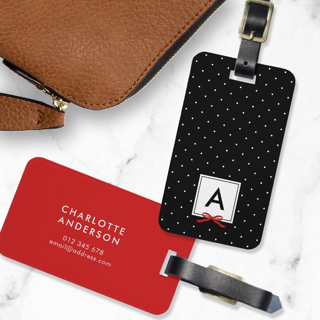 Monogram Chic Red Ribbon Polka Dot Black Gepäckanhänger (Von Creator hochgeladen)