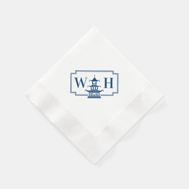 Monogram Chinoiserie Pagoda Diagonal Navy Napkins Serviette (Ecke)