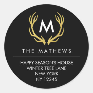 Monogram Christmas Antlers gibt Adresse-Etikett zu Runder Aufkleber