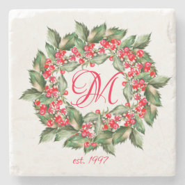Monogram Christmas Berries Wreath Steinuntersetzer