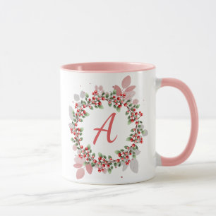 Monogram Christmas Berry Wreath Tasse