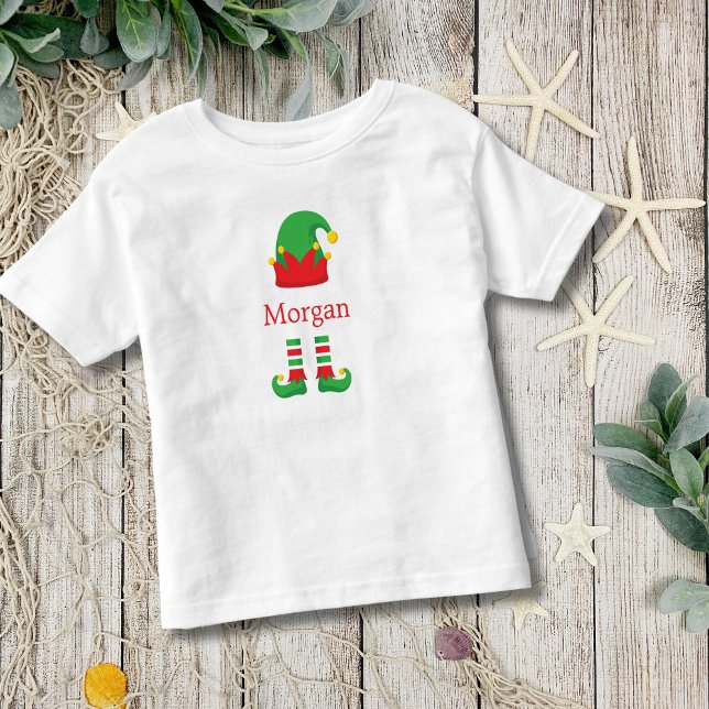 Monogram Christmas Elf Red Green Kids Kleinkind T-shirt (Christmas Holiday Elf Monogrammed T-shirt for Baby  or Toddler. )