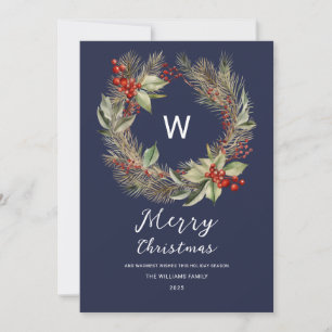 Monogram Christmas Greenerity Wreath on Navy Blue Feiertagskarte