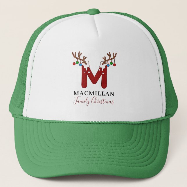 Monogram Christmas Matching Family Holiday Antlers Truckerkappe (Vorderseite)