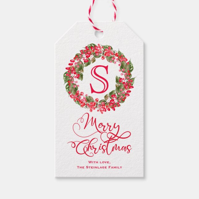 Monogram Christmas Mistletoe Wreath Geschenkanhänger (Vorderseite)