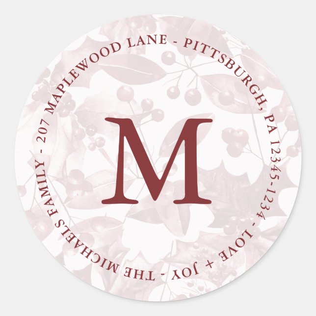 Monogram Christmas Red Botanical Patternadresse Runder Aufkleber (Vorderseite)