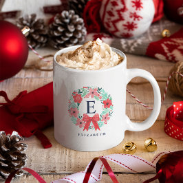 Monogram Christmas Red Bow Wreath Holiday Zweifarbige Tasse