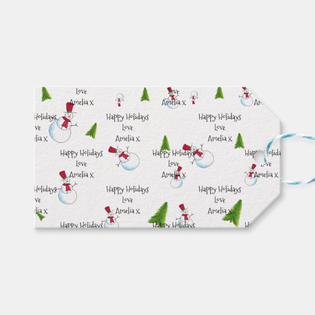 Monogram Christmas Snowman Gift Tags Geschenkanhänger (Vorderseite (Horizontal))