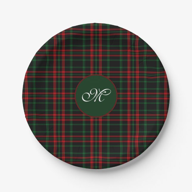 Monogram Christmas Tartan Kariert Red, Green Black Pappteller (Vorderseite)